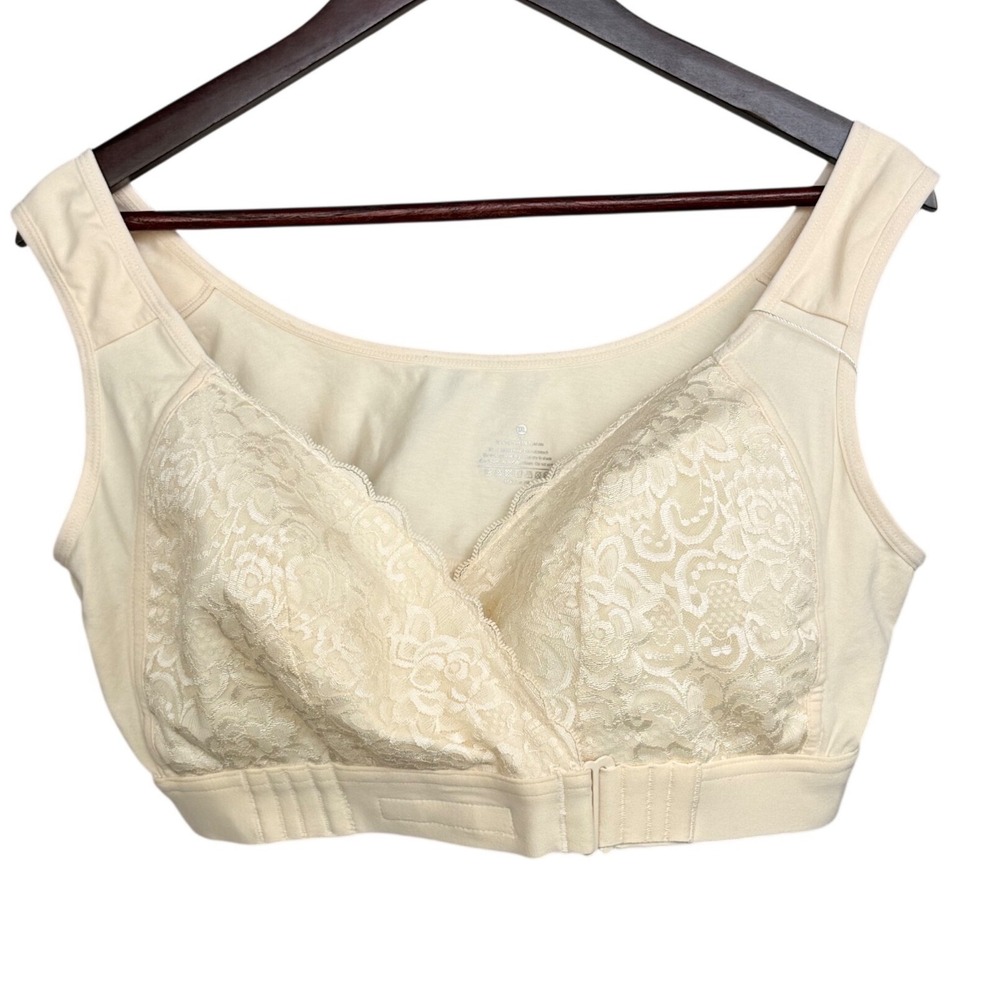 Beige Lace Cotton Blend Wireless Front Closure Bra Bralette No Padding Size XL‎